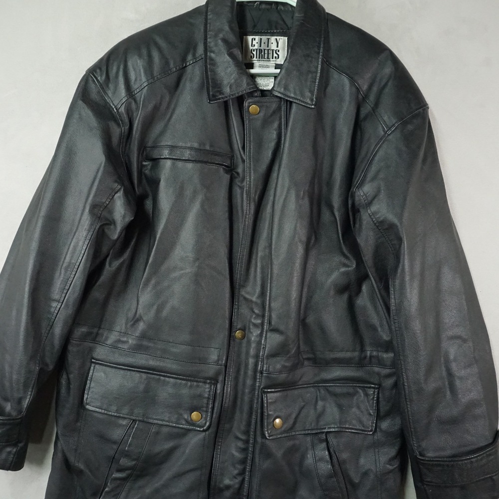 Vintage City Streets Leather Jacket Men Medium Black Quilted Coat Biker Moto 90s